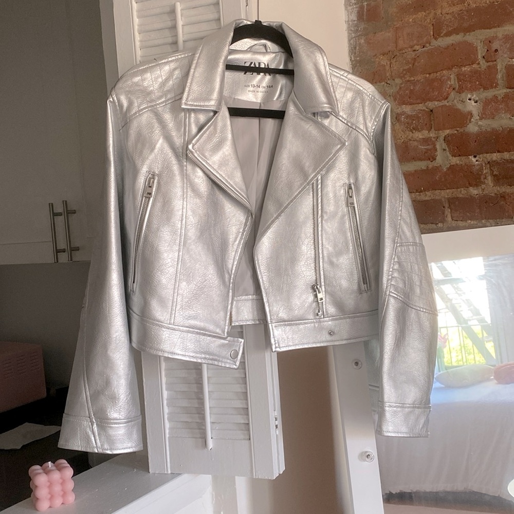 Zara Silver Metallic Chrome Leather Moto Jacket